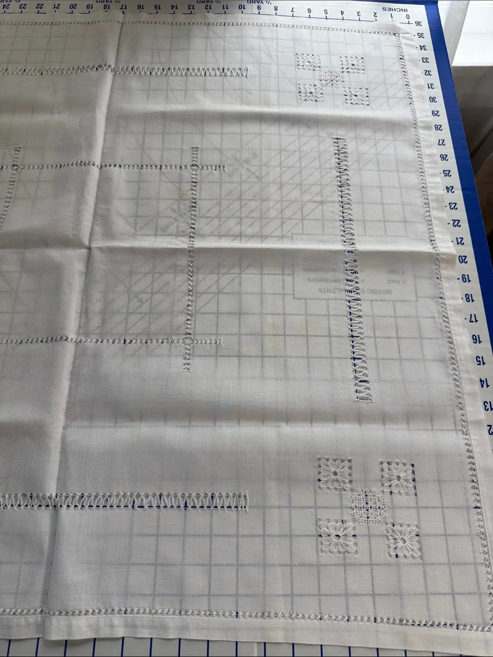 Vintage White Linen Madeira Style Table Topper 34 x 32 Drawn Thread Cutwork